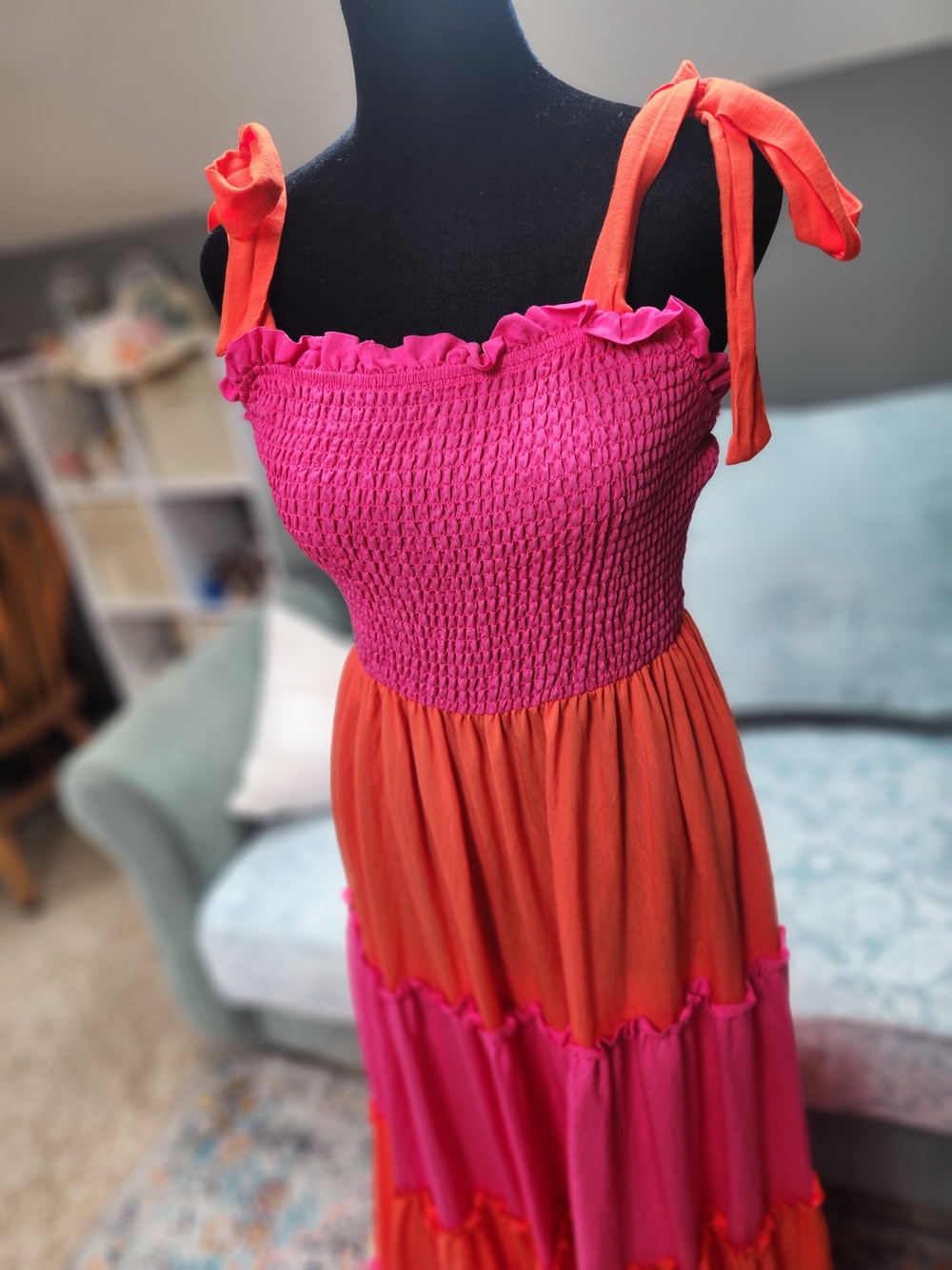 Koko +:Mason Women’s Tiered Smocked Maxi Dress - Pink & Orange Large - Picture 2 of 10